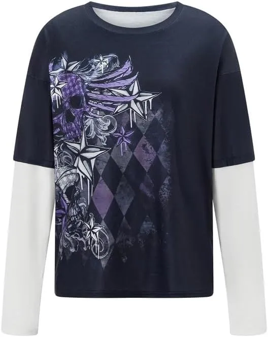 Women Y2K Fairy Grunge Shirt 2000s Emo Aesthetic Graphic Tee Halloween Patchwork Long Sleeve Punk Gothic Clothes