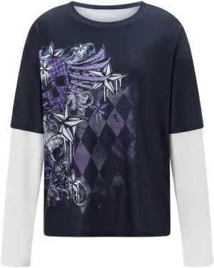 Women Y2K Fairy Grunge Shirt 2000s Emo Aesthetic Graphic Tee Halloween Patchwork Long Sleeve Punk Gothic Clothes