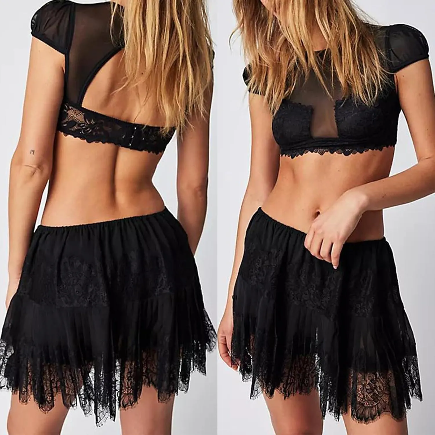 Women Y2k Lace Mini Skirt Fairy Mesh Floral Mid Low Rise Ruffle Half Slip Skirt Layered Flowy Short Skirt Streetwear