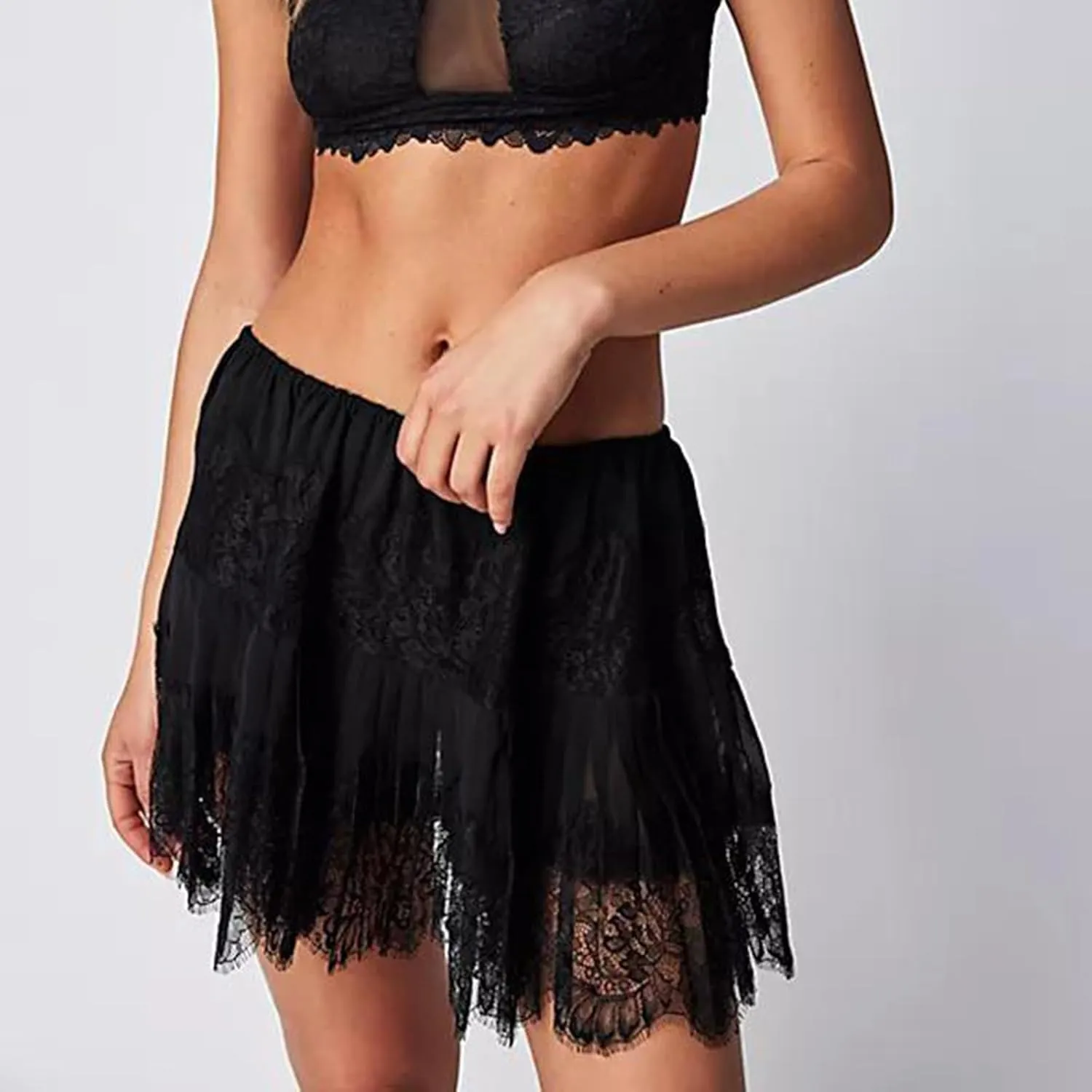Women Y2k Lace Mini Skirt Fairy Mesh Floral Mid Low Rise Ruffle Half Slip Skirt Layered Flowy Short Skirt Streetwear