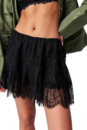 Women Y2k Lace Mini Skirt Fairy Mesh Floral Mid Low Rise Ruffle Half Slip Skirt Layered Flowy Short Skirt Streetwear