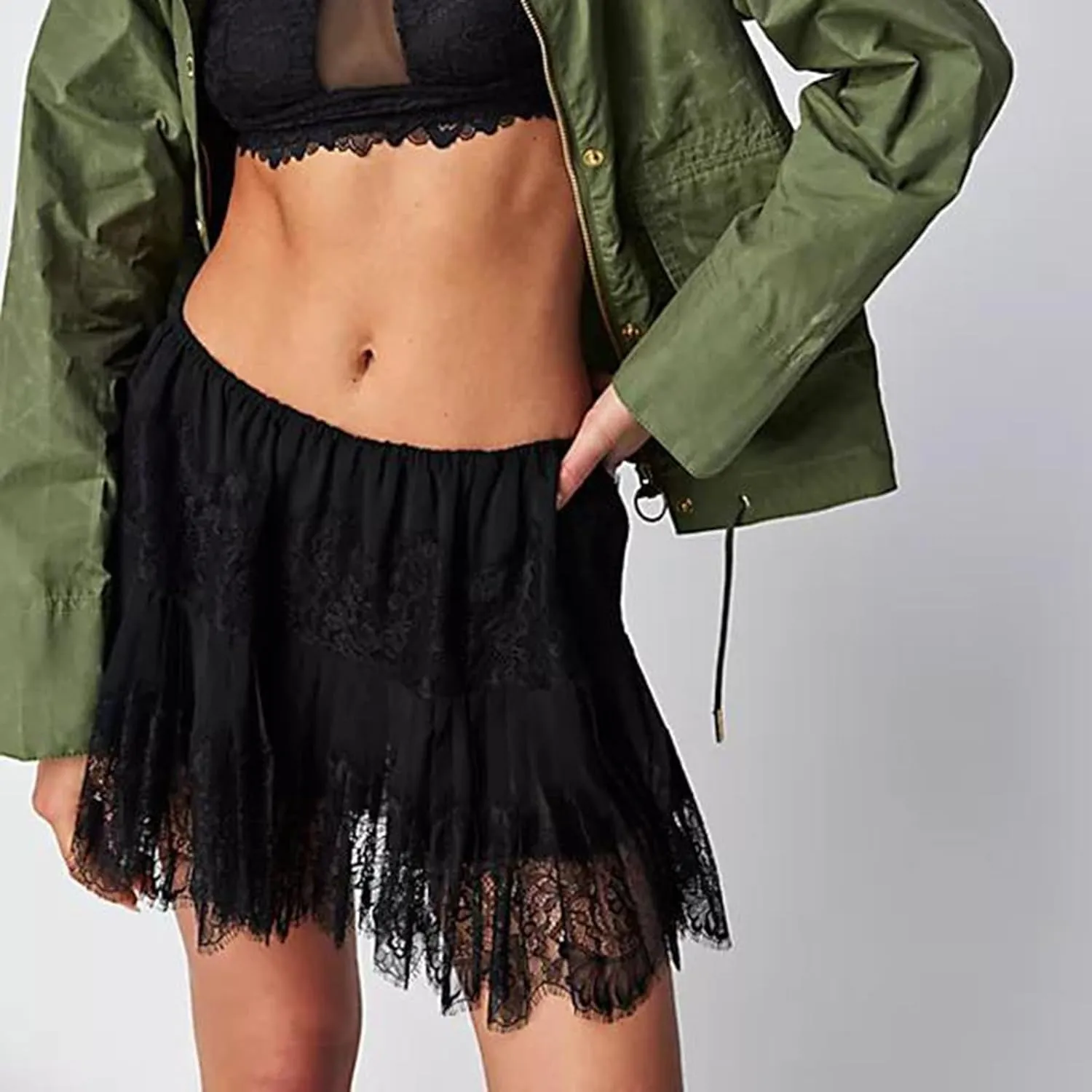 Women Y2k Lace Mini Skirt Fairy Mesh Floral Mid Low Rise Ruffle Half Slip Skirt Layered Flowy Short Skirt Streetwear