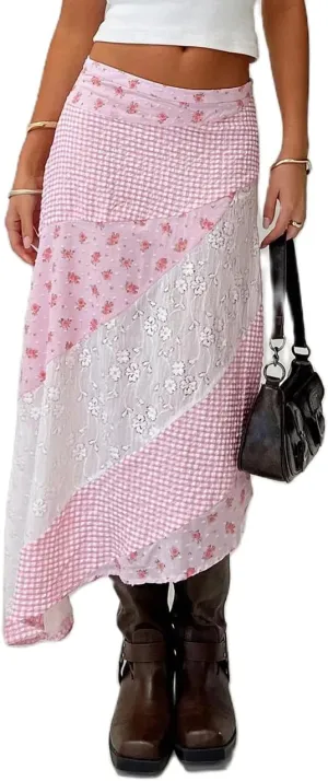 Women Y2K Maxi Skirt Coquette Hight Waist Lace Patchwork Irregular Hem Flowy Midi Skirt Summer Vacation Beachwear
