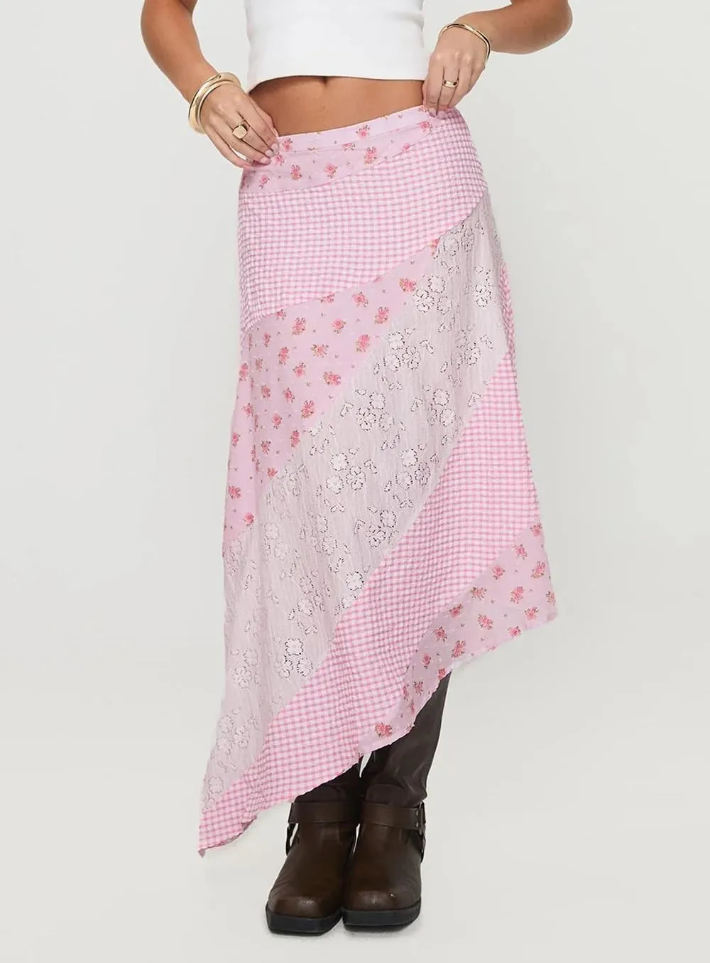 Women Y2K Maxi Skirt Coquette Hight Waist Lace Patchwork Irregular Hem Flowy Midi Skirt Summer Vacation Beachwear