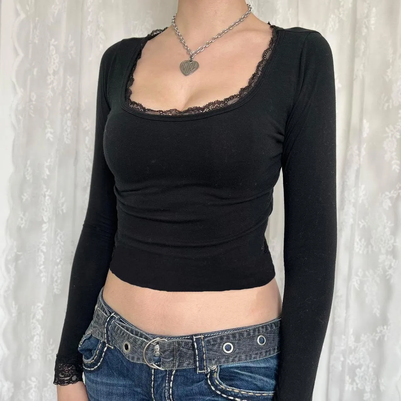 Women Y2k Retro Long Sleeve Shirt Top Slim Fit Lace Trim T-Shirt Harajuku Fairy Aesthetic Tee Tops Streetwear