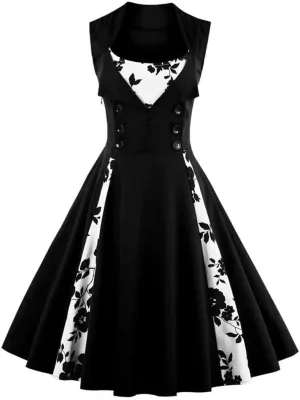 Women's 1950s Retro Rockabilly Dress Vintage Sleeveless Spliced Floral/Polka Dot A Line Dress 50's 60's Cocktail Evening Gown