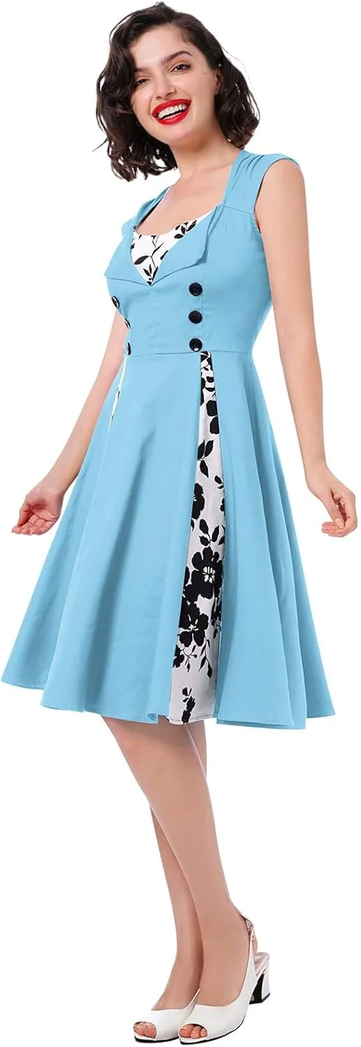 Women's 1950s Retro Rockabilly Dress Vintage Sleeveless Spliced Floral/Polka Dot A Line Dress 50's 60's Cocktail Evening Gown