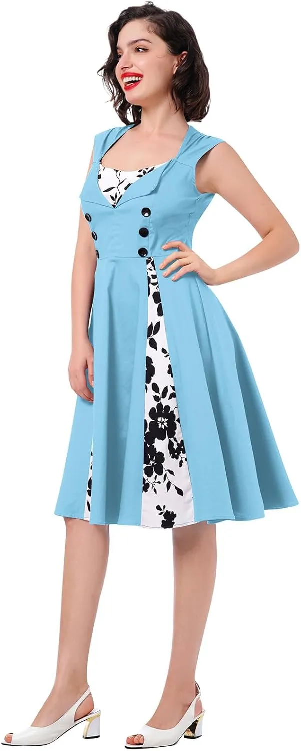 Women's 1950s Retro Rockabilly Dress Vintage Sleeveless Spliced Floral/Polka Dot A Line Dress 50's 60's Cocktail Evening Gown