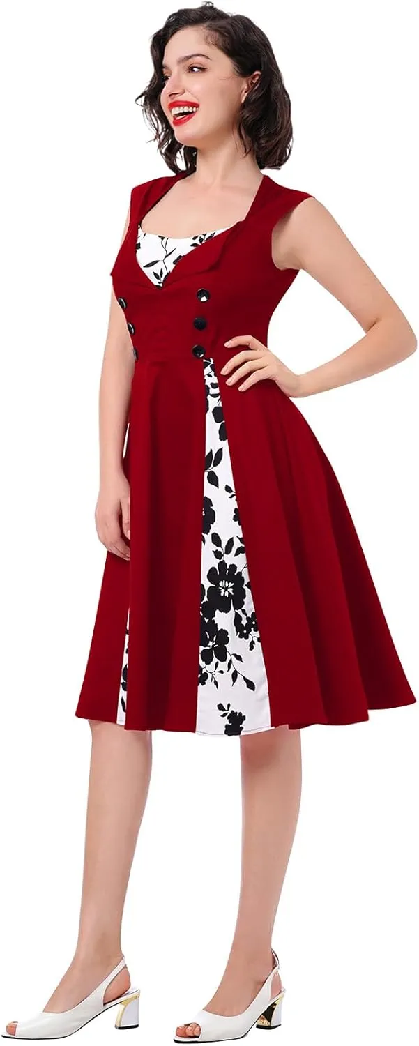 Women's 1950s Retro Rockabilly Dress Vintage Sleeveless Spliced Floral/Polka Dot A Line Dress 50's 60's Cocktail Evening Gown