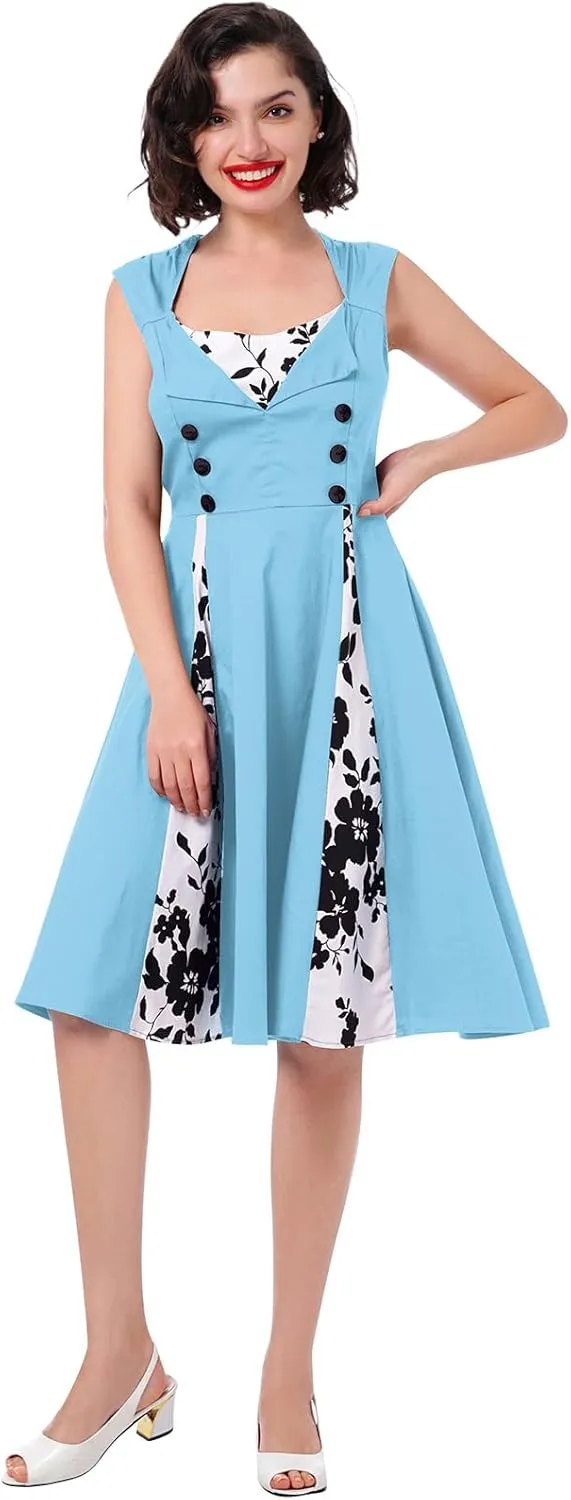 Women's 1950s Retro Rockabilly Dress Vintage Sleeveless Spliced Floral/Polka Dot A Line Dress 50's 60's Cocktail Evening Gown