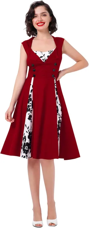 Women's 1950s Retro Rockabilly Dress Vintage Sleeveless Spliced Floral/Polka Dot A Line Dress 50's 60's Cocktail Evening Gown