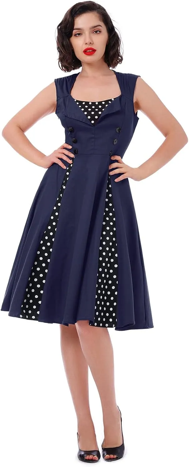 Women's 1950s Retro Rockabilly Dress Vintage Sleeveless Spliced Floral/Polka Dot A Line Dress 50's 60's Cocktail Evening Gown
