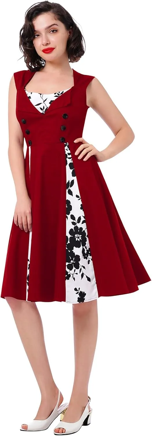 Women's 1950s Retro Rockabilly Dress Vintage Sleeveless Spliced Floral/Polka Dot A Line Dress 50's 60's Cocktail Evening Gown