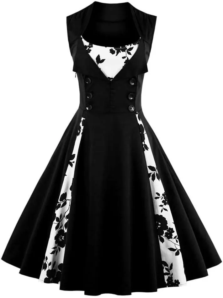 Women's 1950s Retro Rockabilly Dress Vintage Sleeveless Spliced Floral/Polka Dot A Line Dress 50's 60's Cocktail Evening Gown