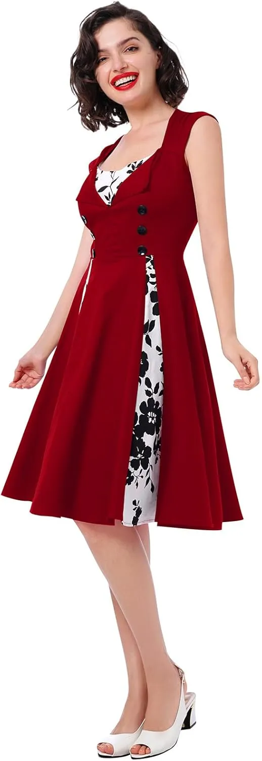 Women's 1950s Retro Rockabilly Dress Vintage Sleeveless Spliced Floral/Polka Dot A Line Dress 50's 60's Cocktail Evening Gown