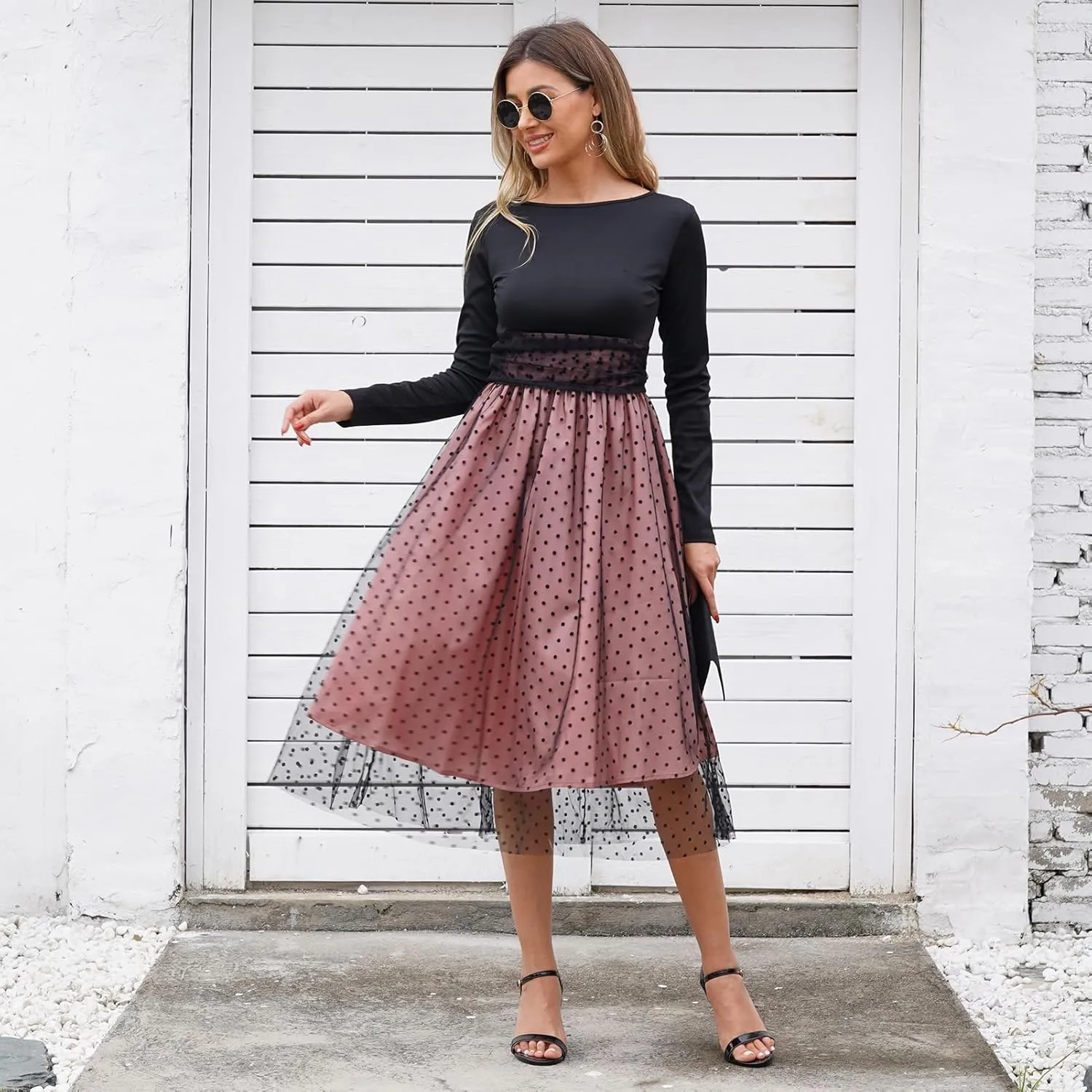 Womens 1950s Vintage Cocktail Party Dress Long Sleeve Polka Dots Mesh Retro Rockabilly Swing Dresses Fall Dress