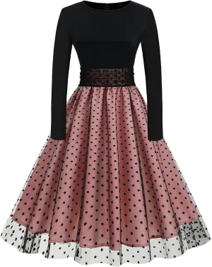 Womens 1950s Vintage Cocktail Party Dress Long Sleeve Polka Dots Mesh Retro Rockabilly Swing Dresses Fall Dress