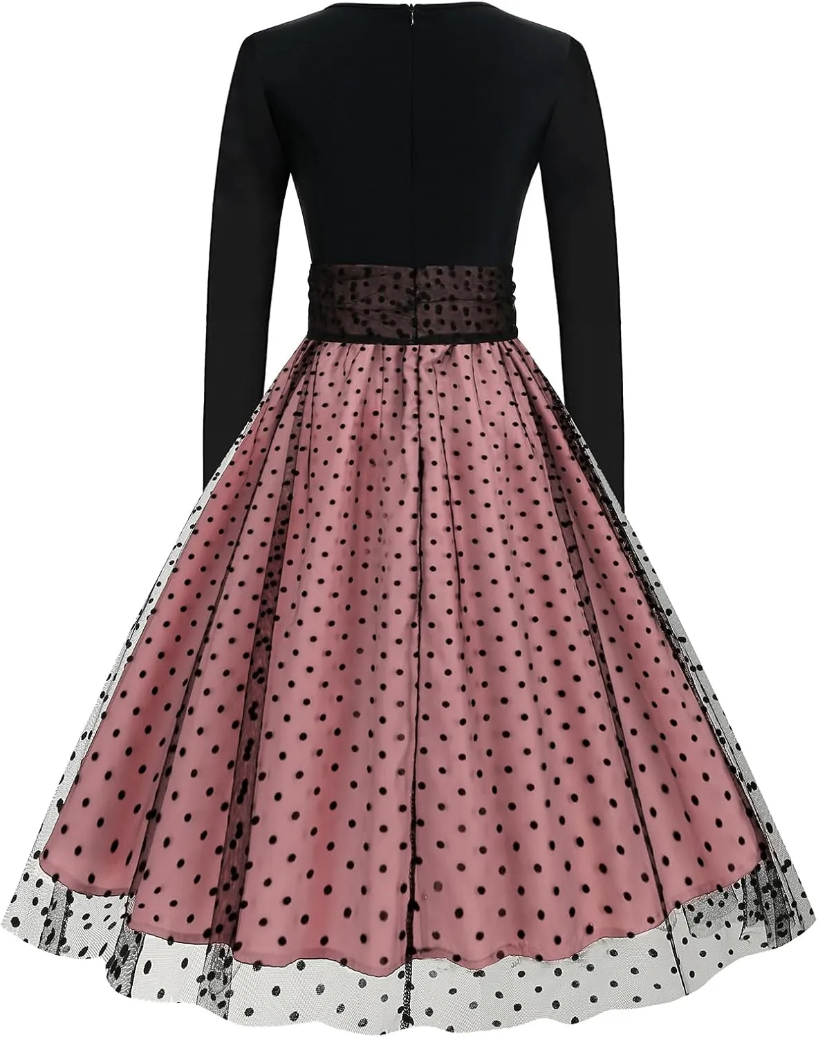 Womens 1950s Vintage Cocktail Party Dress Long Sleeve Polka Dots Mesh Retro Rockabilly Swing Dresses Fall Dress