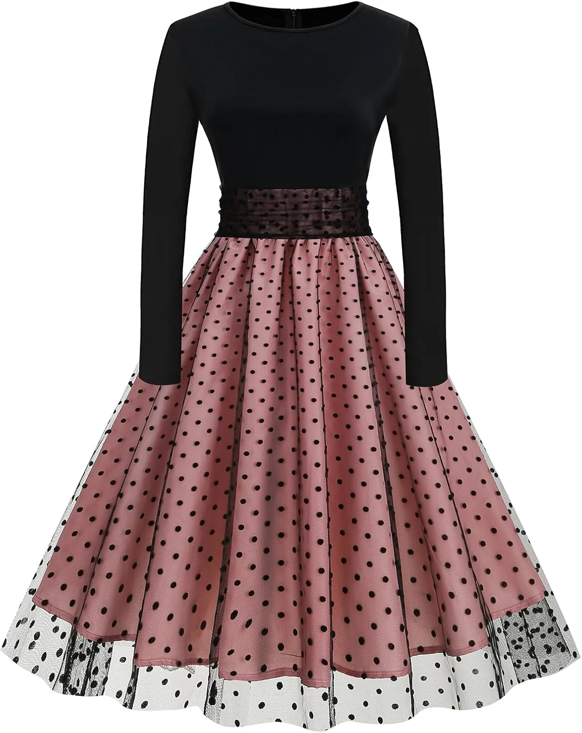 Womens 1950s Vintage Cocktail Party Dress Long Sleeve Polka Dots Mesh Retro Rockabilly Swing Dresses Fall Dress