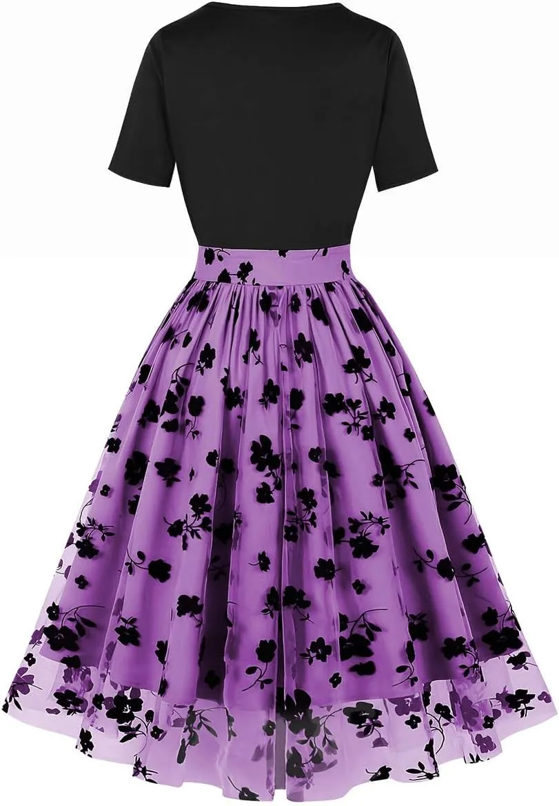 Womens 1950s Vintage Cocktail Party Dress Long Sleeve Polka Dots Mesh Retro Rockabilly Swing Dresses Fall Dress
