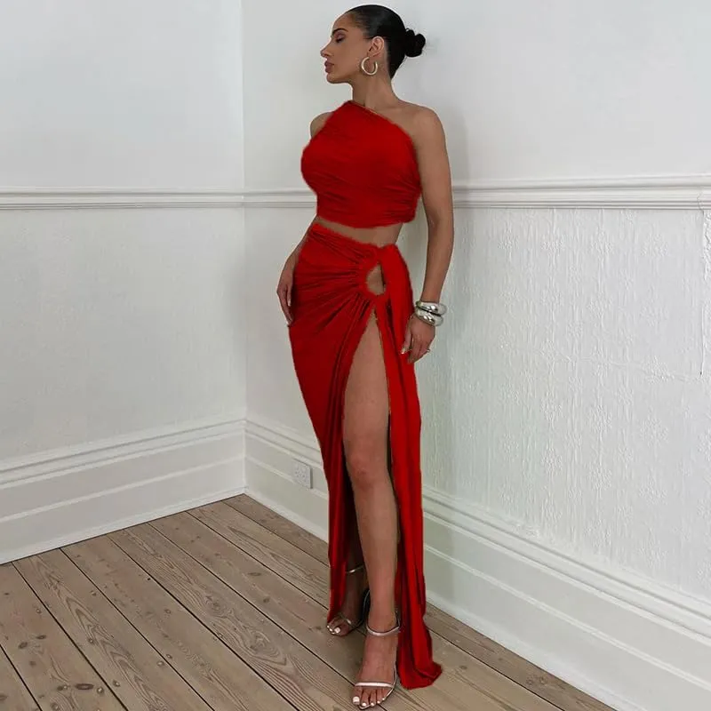 Women's 2 Piece Dress Sexy Y2k Strapless Crop Top High Slit Skirt Bodycon Maxi Long Skirt Suit Night Out Dress Sets