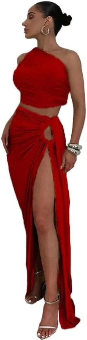 Women's 2 Piece Dress Sexy Y2k Strapless Crop Top High Slit Skirt Bodycon Maxi Long Skirt Suit Night Out Dress Sets