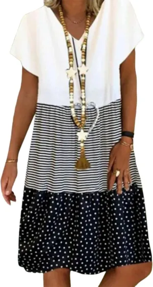 Women's 2025 Summer Trendy Short Sleeve V-Neck Chic Print A-Line Mini Dress Casual Beach Vacation Travel Outfits