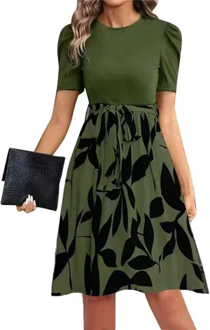 Women's Beach Dress Ladies Summer Casual Sundress Short Sleeve Crew Neck Patchwork Ruffle Hem A Line Dress Plus Size
