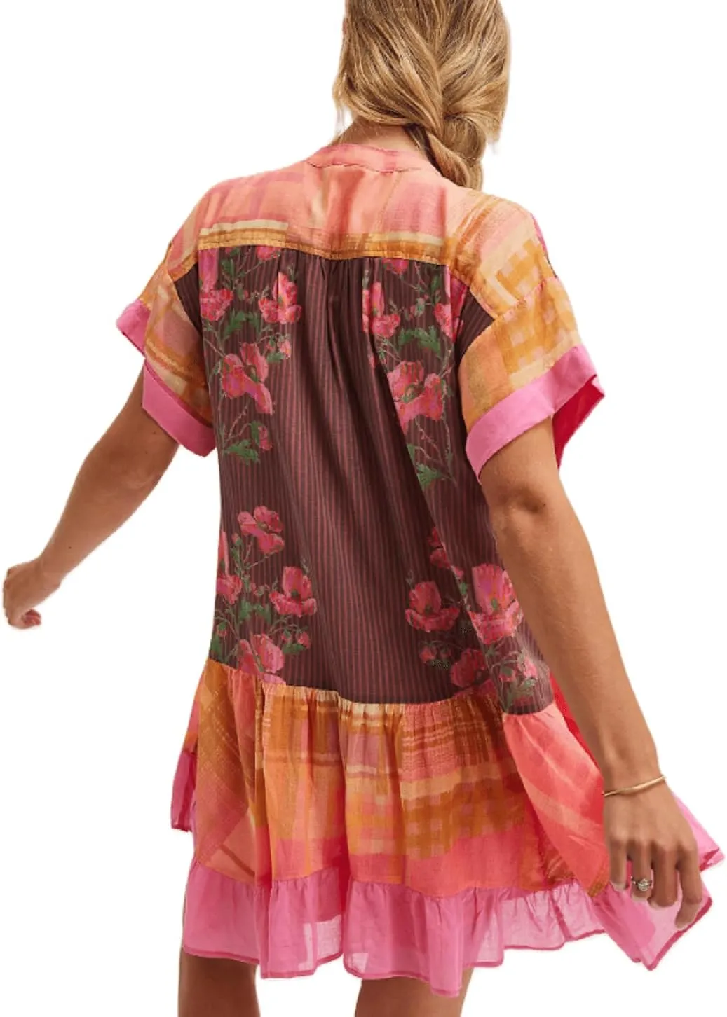 Women’s Boho Mini Dress Y2k Floral Print Deep V-Neck Puff Sleeve Short Dress 2025 Summer Loose Beach Sundress