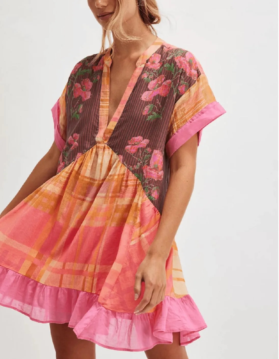 Women’s Boho Mini Dress Y2k Floral Print Deep V-Neck Puff Sleeve Short Dress 2025 Summer Loose Beach Sundress