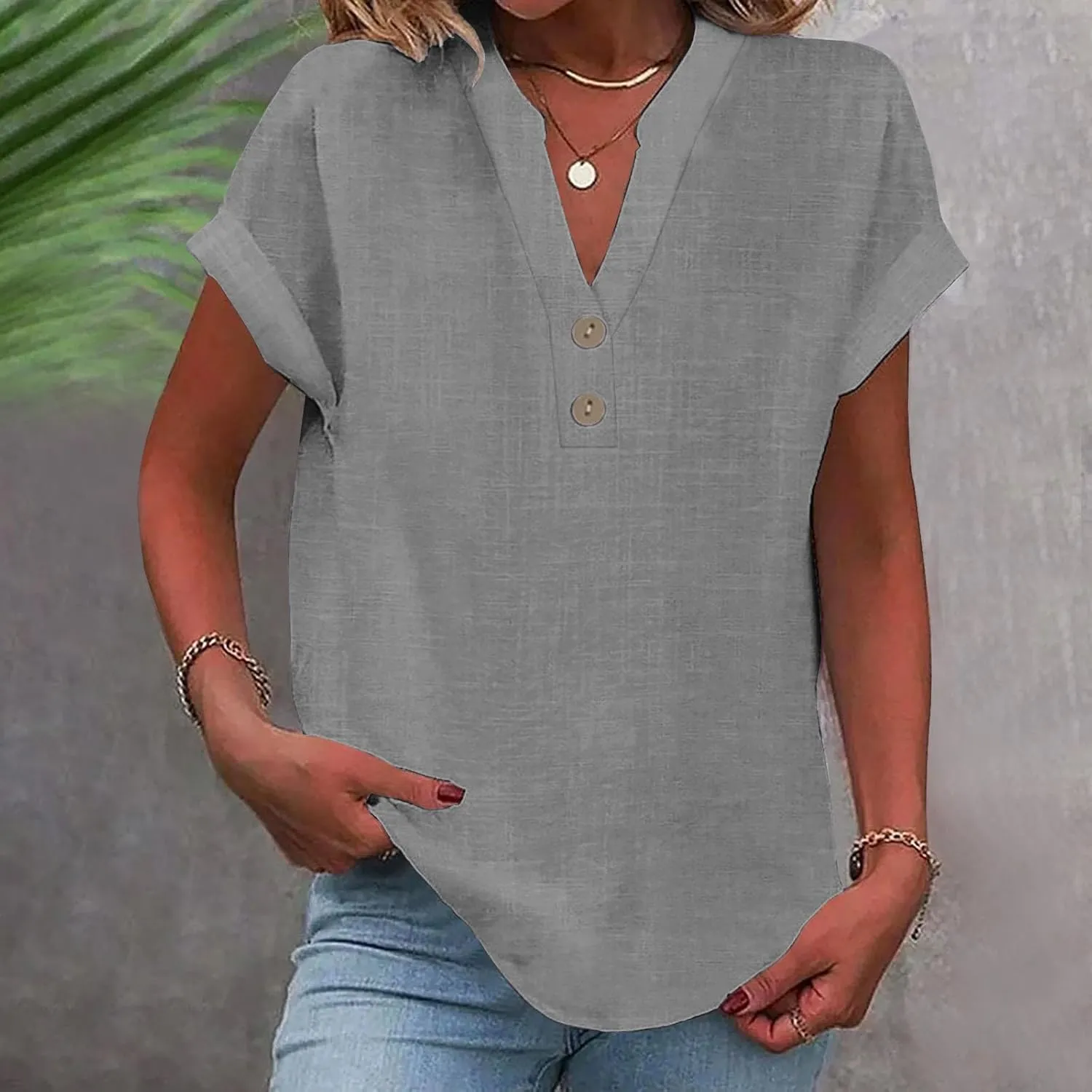 Womens Button Down Linen Shirts Short Sleeve V Neck Dressy Casual Business Work Blouses Loose Fit Summer Tunic Tops