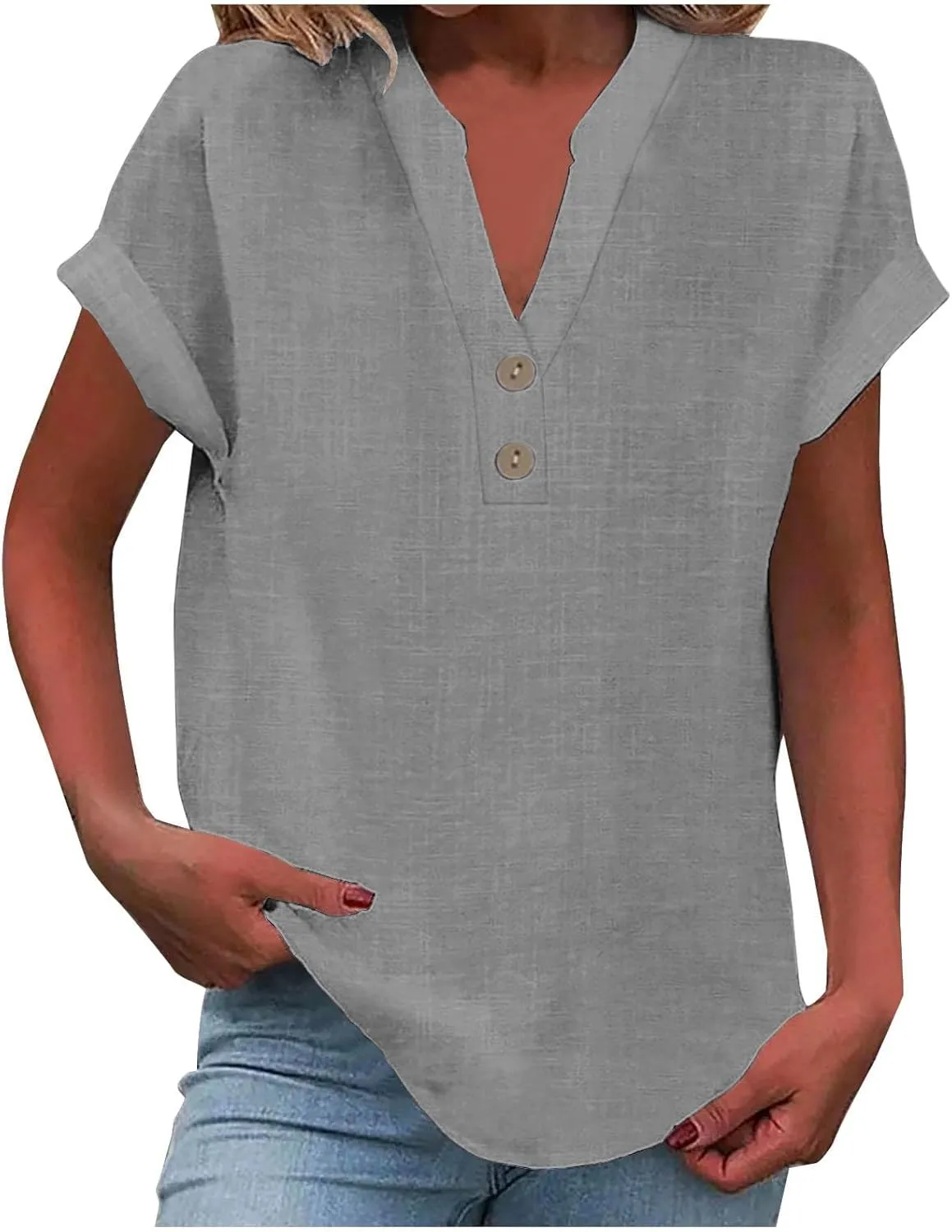 Womens Button Down Linen Shirts Short Sleeve V Neck Dressy Casual Business Work Blouses Loose Fit Summer Tunic Tops