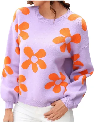 Women's Casual Flower Knitted Sweaters Crewneck Long Sleeve Chunky Cable Knit Pullover 2023 Fashion Clothes