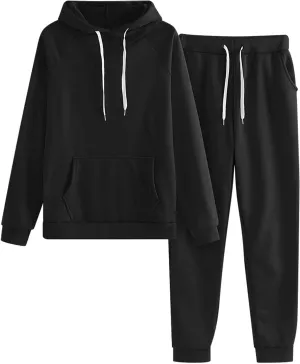 Women's Casual Solid Hooded Drawstring Loose Long Sleeve Sweatshirt Tops And Long Pants Set Suits