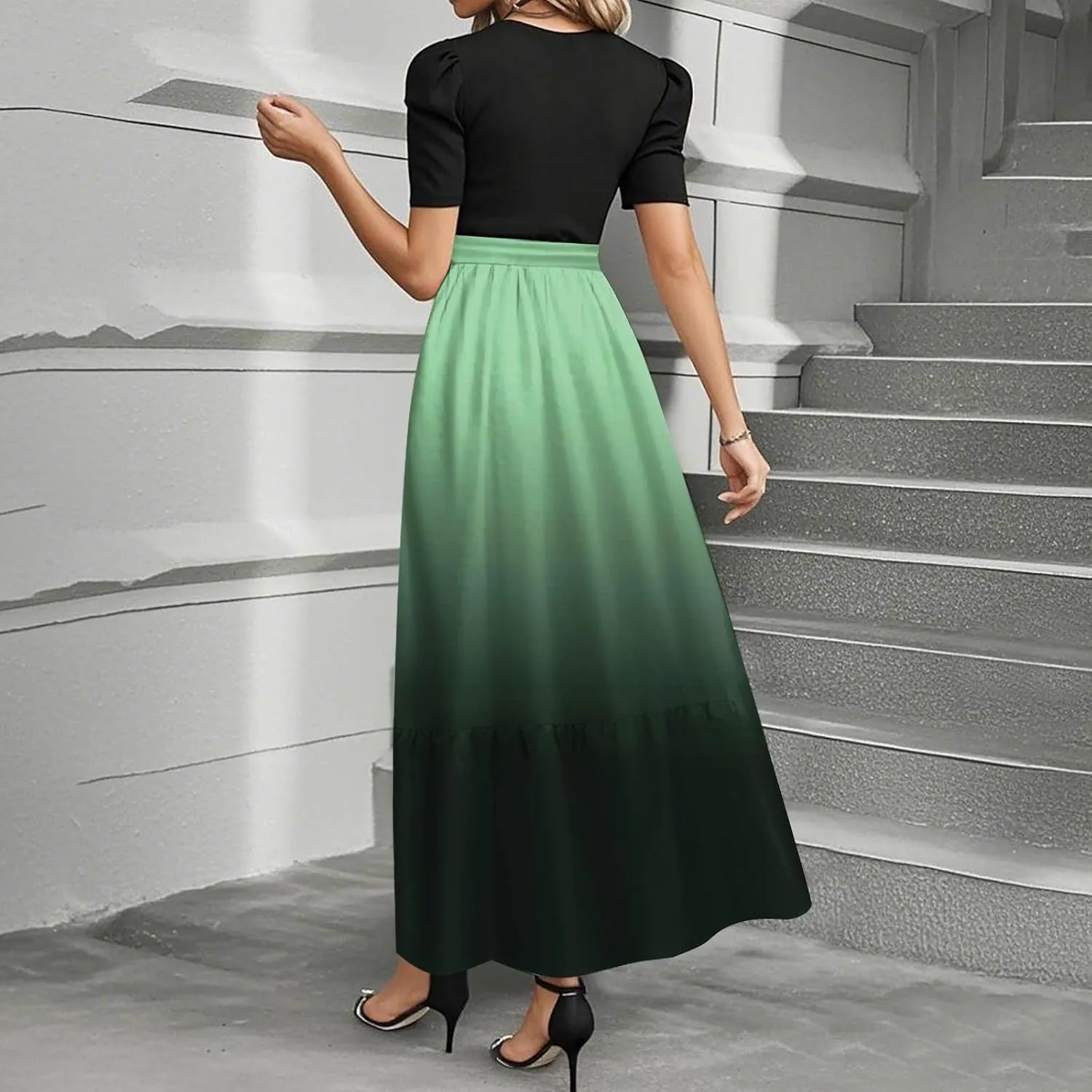 Women's Casual Sundresses 2025 Crewneck Flowy Gradient Patchwork Maxi Elegant Long Dresses, S-2XL