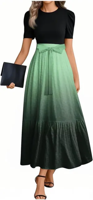 Women's Casual Sundresses 2025 Crewneck Flowy Gradient Patchwork Maxi Elegant Long Dresses, S-2XL