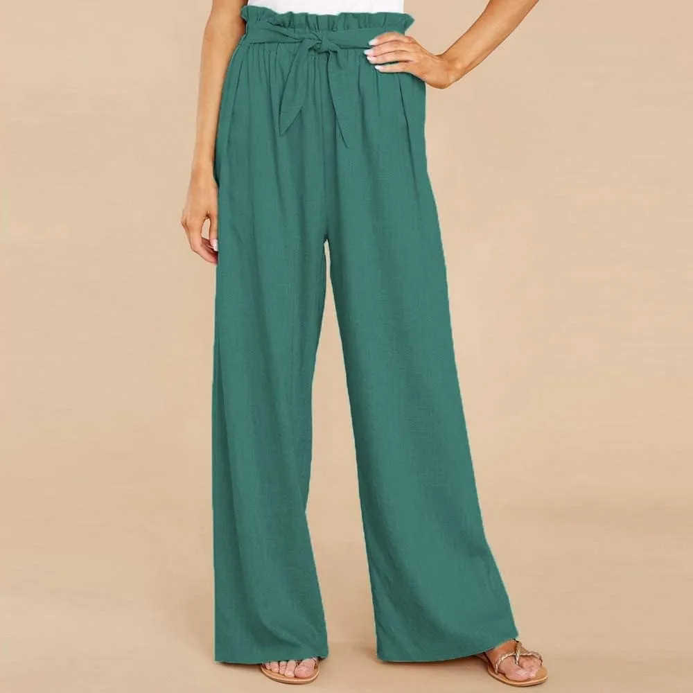 Women's Cotton Linen Casual Adjustable Tie Knot Trousers Boho Palazzo Beach Pants Loose Fit Wide Leg Work Pant