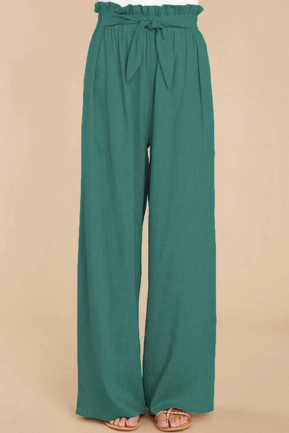 Women's Cotton Linen Casual Adjustable Tie Knot Trousers Boho Palazzo Beach Pants Loose Fit Wide Leg Work Pant