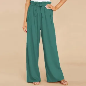 Women's Cotton Linen Casual Adjustable Tie Knot Trousers Boho Palazzo Beach Pants Loose Fit Wide Leg Work Pant