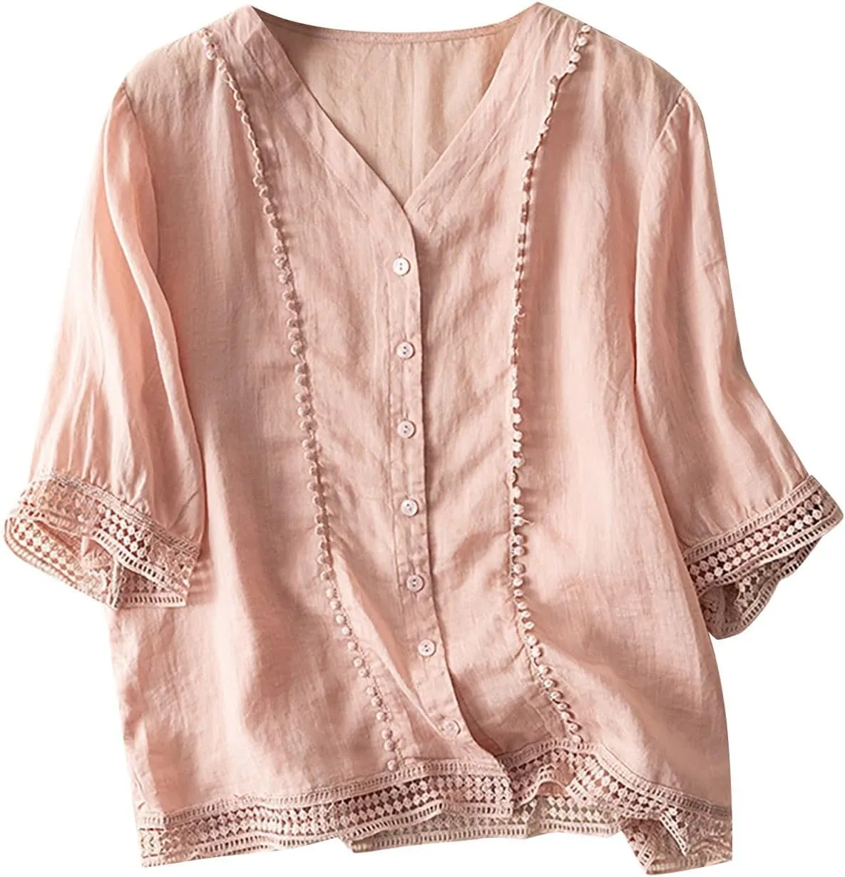 Women's Cotton Linen Embroidered Shirt Tops Boho 3/4 Sleeeve Tunic Top Dressy Elegant Blouse