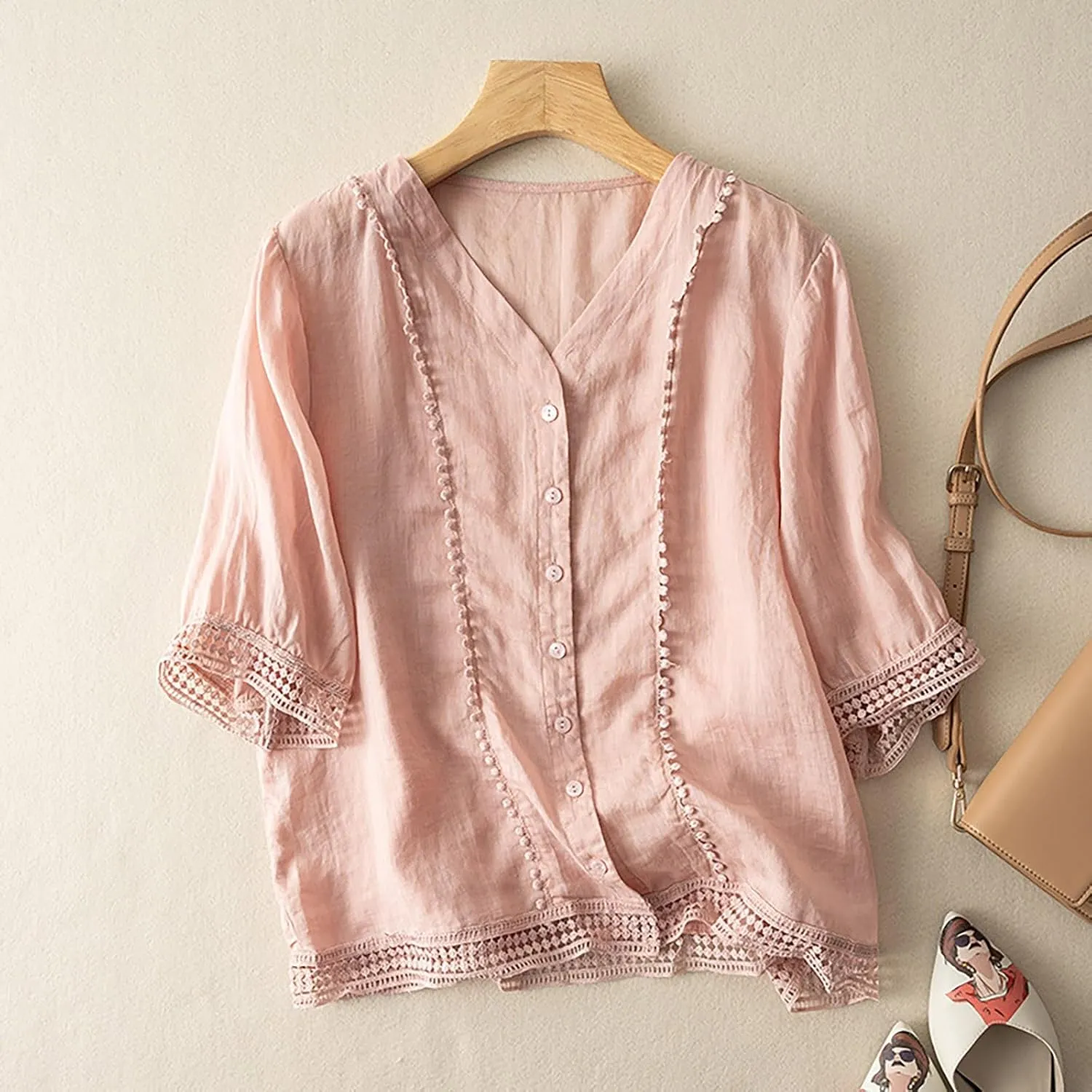 Women's Cotton Linen Embroidered Shirt Tops Boho 3/4 Sleeeve Tunic Top Dressy Elegant Blouse