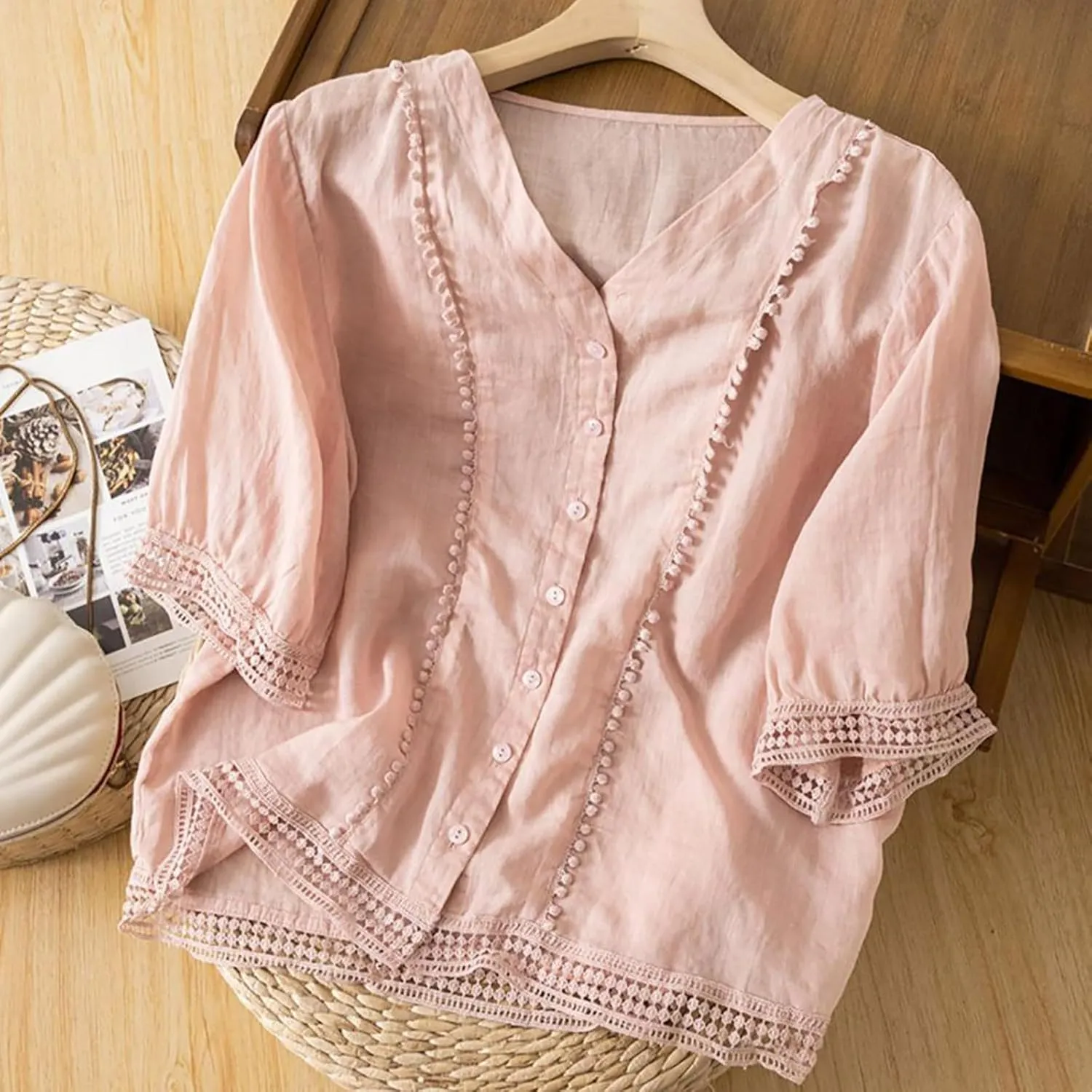 Women's Cotton Linen Embroidered Shirt Tops Boho 3/4 Sleeeve Tunic Top Dressy Elegant Blouse