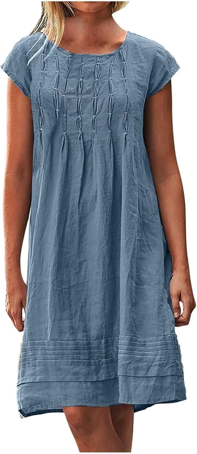 Women's Cotton Linen Midi Dress Plus Size Cap Sleeve Pleated Summer Dresses Vacation 2025 Crew Neck Casual Dress