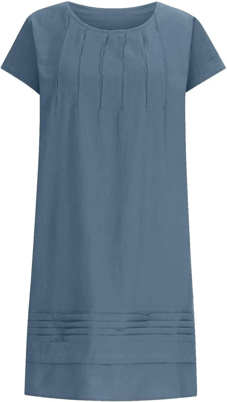 Women's Cotton Linen Midi Dress Plus Size Cap Sleeve Pleated Summer Dresses Vacation 2025 Crew Neck Casual Dress