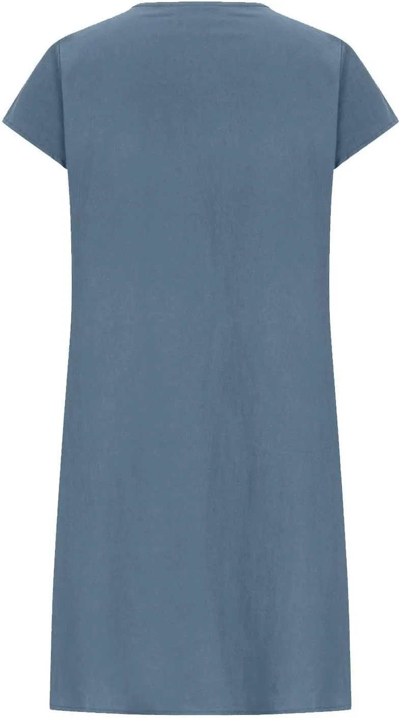 Women's Cotton Linen Midi Dress Plus Size Cap Sleeve Pleated Summer Dresses Vacation 2025 Crew Neck Casual Dress