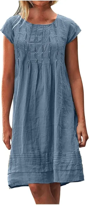 Women's Cotton Linen Midi Dress Plus Size Cap Sleeve Pleated Summer Dresses Vacation 2025 Crew Neck Casual Dress