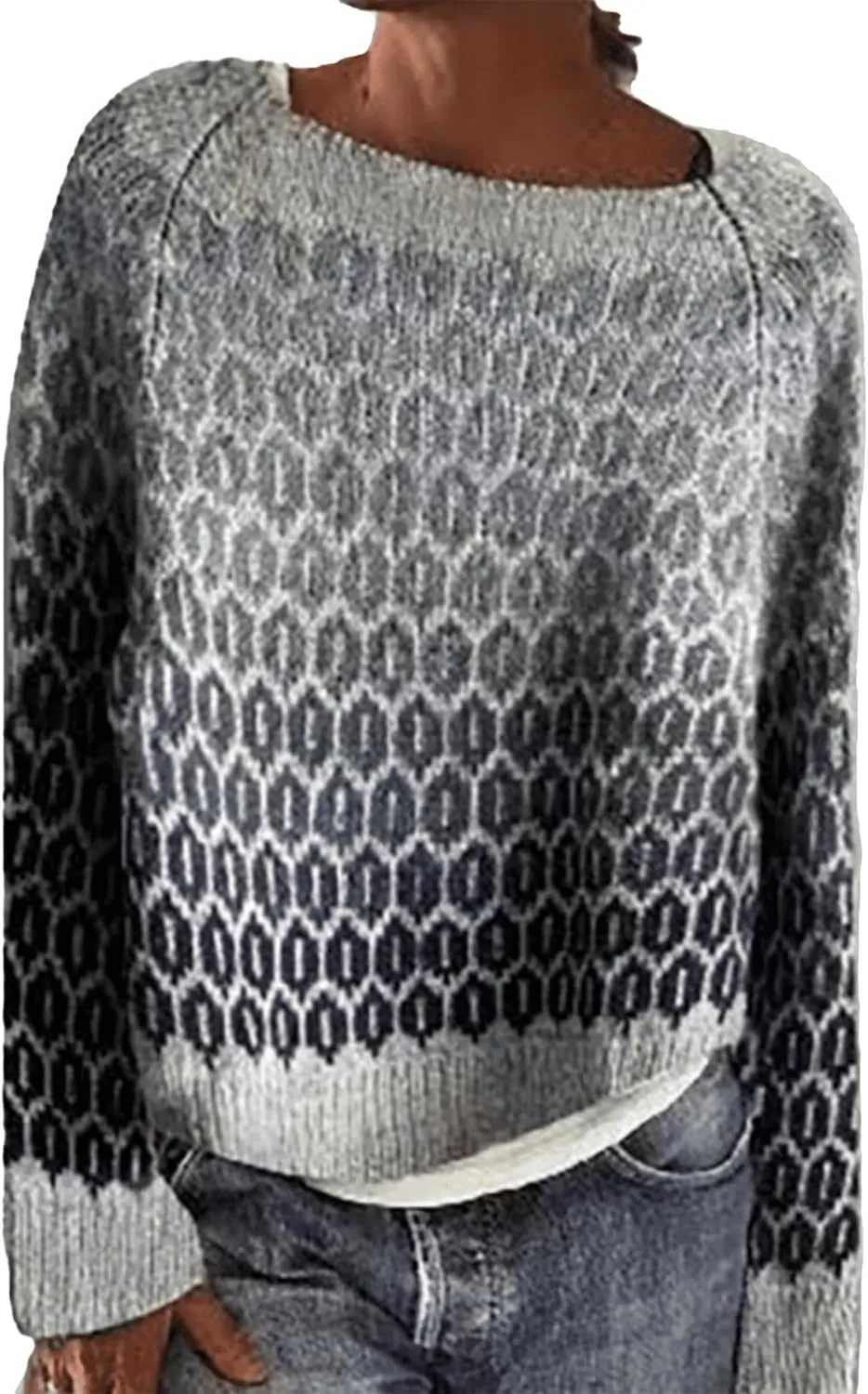 Women's Crewneck Fair Isle Knit Sweater Vintage Boho Aztec Print Oversized Pullover Top Knitwear