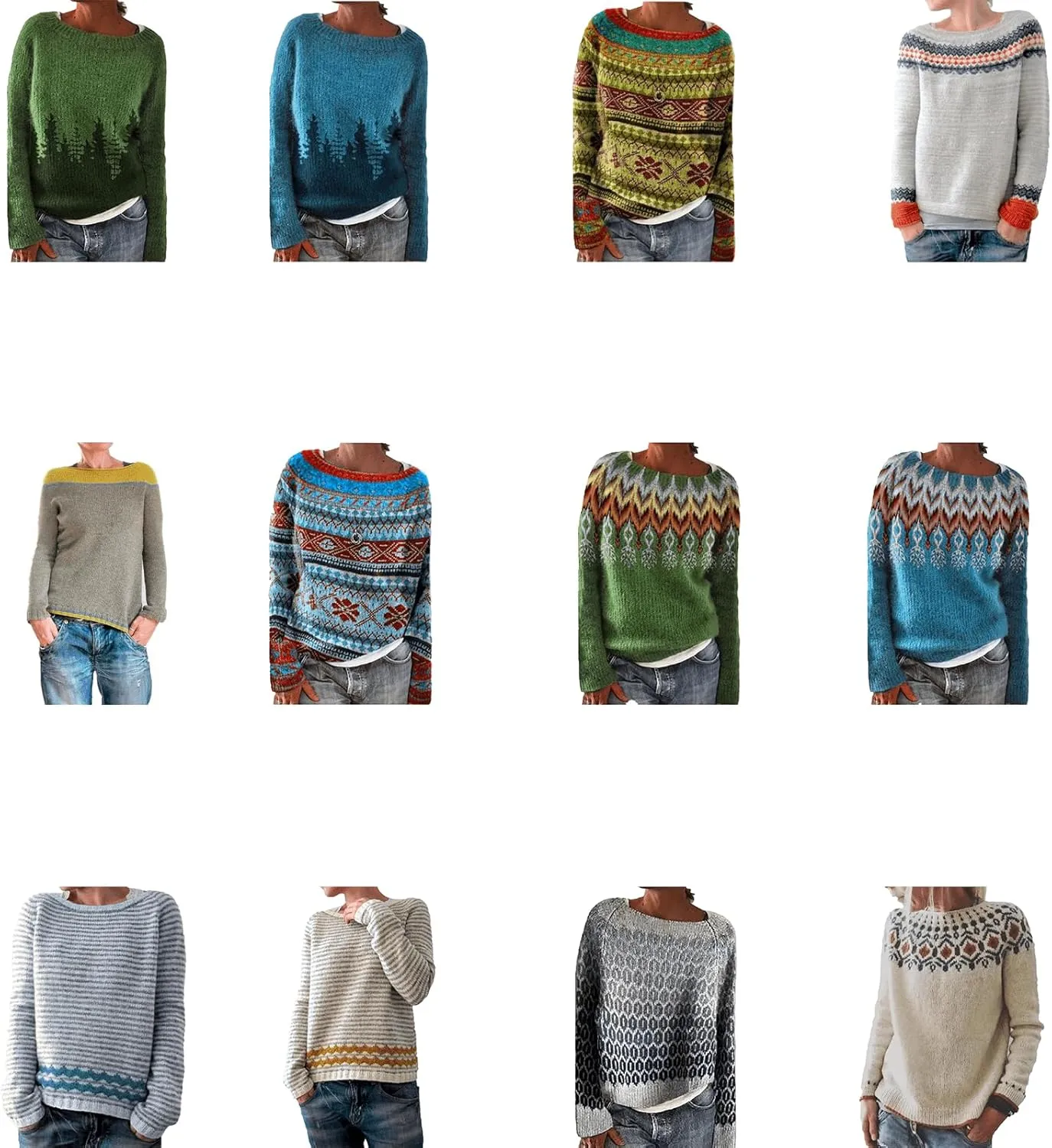 Women's Crewneck Fair Isle Knit Sweater Vintage Boho Aztec Print Oversized Pullover Top Knitwear