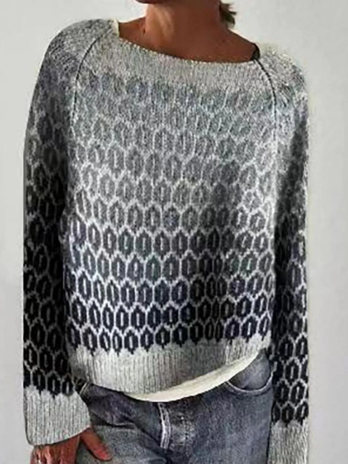 Women's Crewneck Fair Isle Knit Sweater Vintage Boho Aztec Print Oversized Pullover Top Knitwear