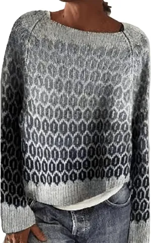 Women's Crewneck Fair Isle Knit Sweater Vintage Boho Aztec Print Oversized Pullover Top Knitwear